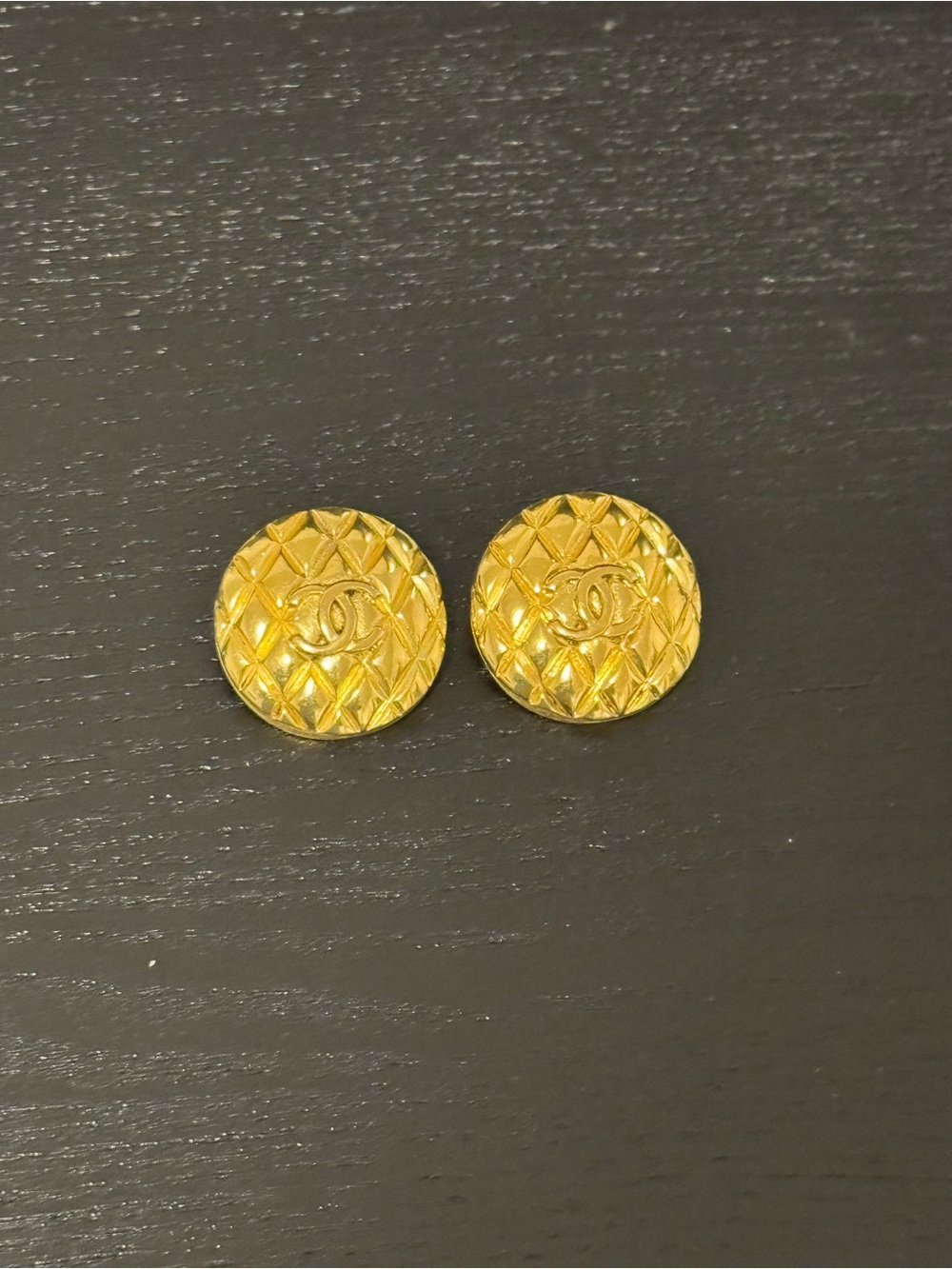 Vintage CHANEL Gold Quilted CC Logo Button Earrings